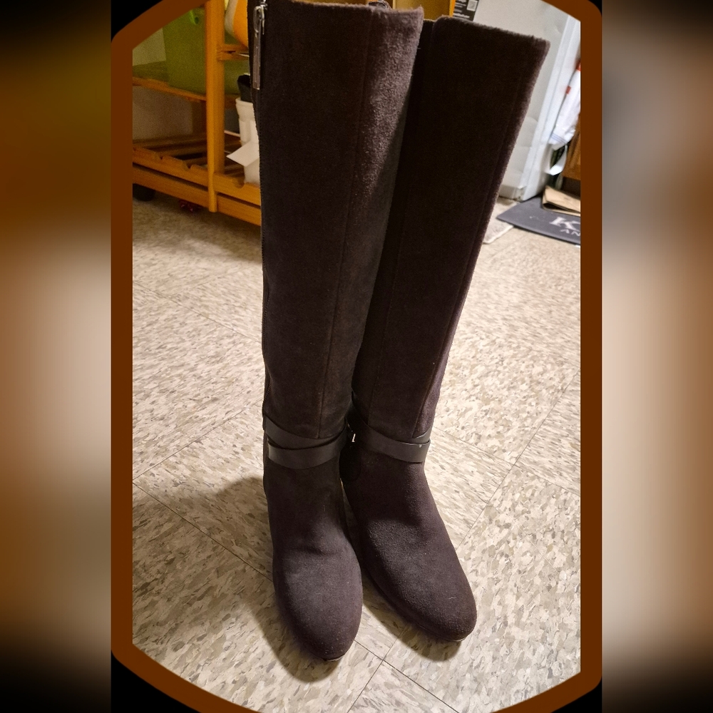 Calvin Klein Lucia Brown Suede Knee High Wedge Heel Boots w/Stretch Panels